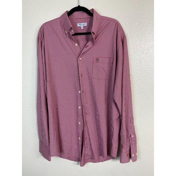 Peter Millar Mens Red Gingham Button Up Shirt size Large Cardinal Stanford Logo - Picture 14 of 15